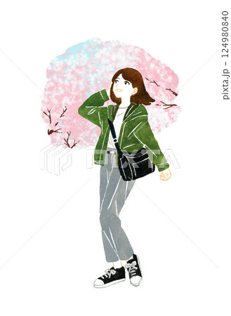 旅・観光をする若い女性（桜・春）　手描き水彩イラスト素材 124980840