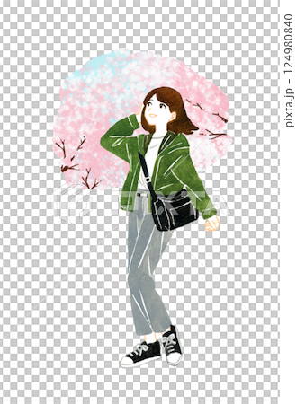 旅・観光をする若い女性（桜・春）　手描き水彩イラスト素材 124980840