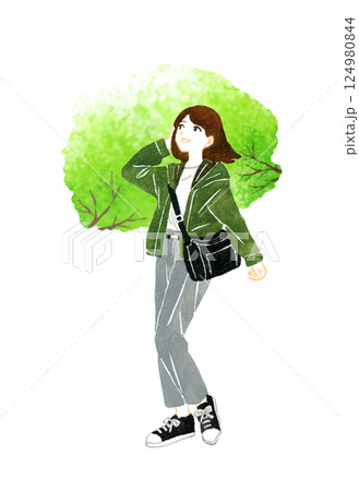 旅・観光をする若い女性（新緑・緑の木の葉）　手描き水彩イラスト素材 124980844