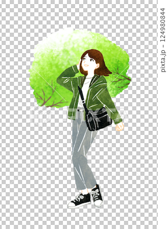 旅・観光をする若い女性（新緑・緑の木の葉）　手描き水彩イラスト素材 124980844
