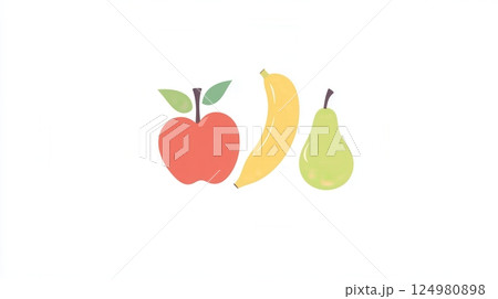 Modern minimalist fruit design featuring abstract apple, banana, and pear on a clean white background with subtle shadows 124980898