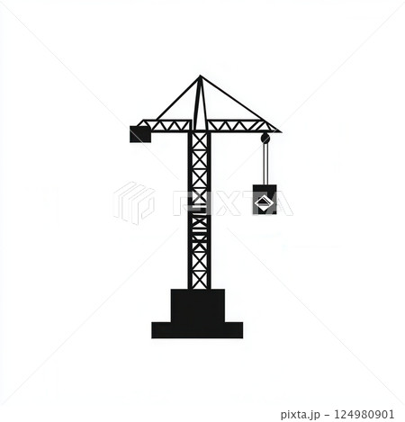 Modern minimalist construction logo featuring a tower crane lifting a block in simple line art with a monochrome background 124980901