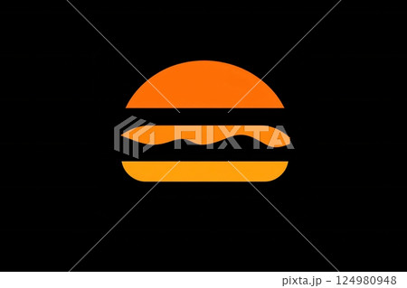 Creative flat burger icon logo featuring a minimalist design with bold colors for a fast food brand 124980948