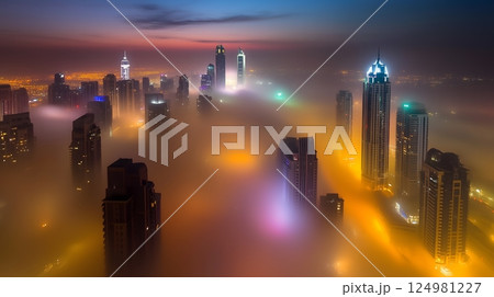 Skyscrapers Illuminated in Vibrant Fog During Sunrise 124981227