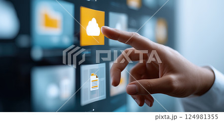 hand touching glowing cloud icon on digital interface, symbolizing cloud technology 124981355