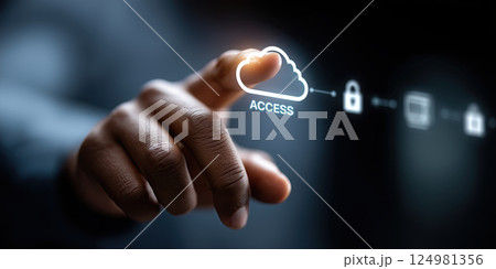 close up of hand touching glowing cloud icon with ACCESS text, symbolizing technology 124981356