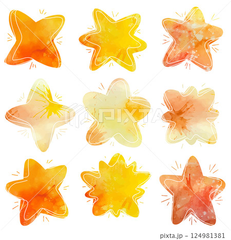 Vector set of various watercolor stars with scribble strokes. Achievements and magic. Collection of yellow paint stars clip arts Vector set of various watercolor stars with scribble strokes. Achievements and magic. Collection of yellow paint stars clip arts 124981381