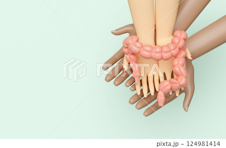 3d hand male female holding human colon isolated on green background. health check concept, top view, 3d illustration render 124981414