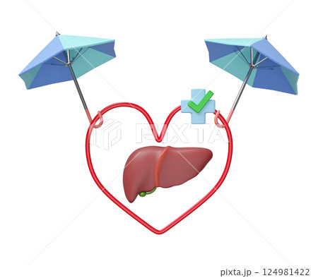 3d umbrella protecting liver with heart, cross, check mark isolated. check liver health, health love, world hepatitis day concept, 3d illustration render 124981422