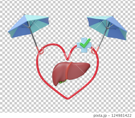 3d umbrella protecting liver with heart, cross, check mark isolated. check liver health, health love, world hepatitis day concept, 3d illustration render 124981422