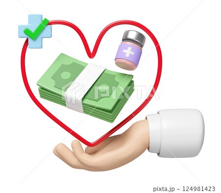 3d hands holding heart with stack of banknotes, cross, check mark, medicine bottle isolated. expensive medicine, health check cost concept, 3d illustration render 3d hands holding heart with stack of banknotes, cross, check mark, medicine bottle isolated. expensive medicine, health check cost concept, 3d illustration render 124981423