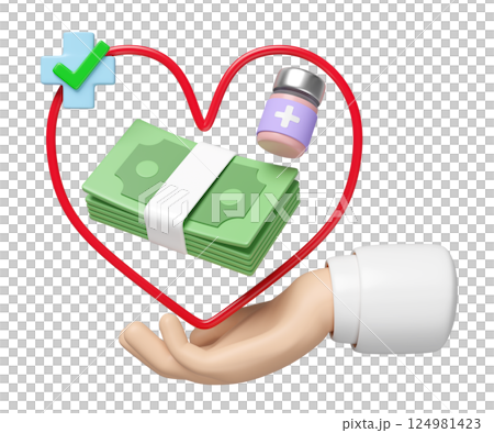 3d hands holding heart with stack of banknotes, cross, check mark, medicine bottle isolated. expensive medicine, health check cost concept, 3d illustration render 3d hands holding heart with stack of banknotes, cross, check mark, medicine bottle isolated. expensive medicine, health check cost concept, 3d illustration render 124981423
