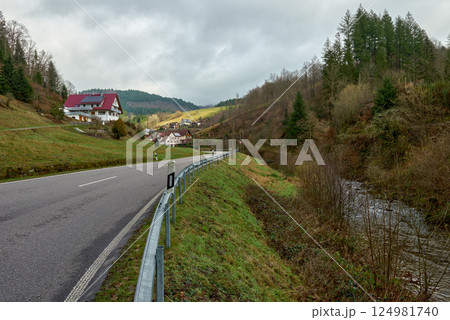 Enchanting Autumn Mountain Road Winding Through Traditional Black Forest Village with Red Roofed Houses and Lush Green Hills. Scenic Rural Highway Meanders Past White Alpine Buildings in Picturesque 124981740