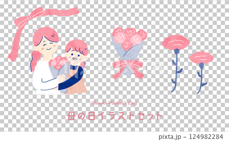 父母與孩子和康乃馨的母親節插圖 父母與孩子和康乃馨的母親節插圖 124982284