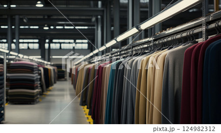 A visually refined close-up photograph of a modern, warehouse showcasing neatly arranged long-sleeve garments in a rich, stylish palette of gray, olive, burgundy, and deep blue. Generative AI 124982312