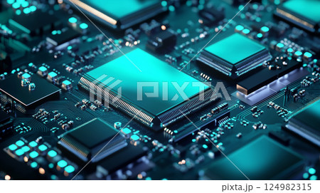 A striking 3D render of a futuristic tech banner bursting with turquoise and teal hues, dynamically composed with sleek block elements. Generative AI 124982315