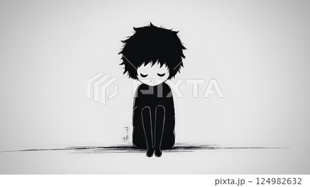 A minimalist cartoon pen drawing of a cute, yet depressed character.  Generative AI 124982632