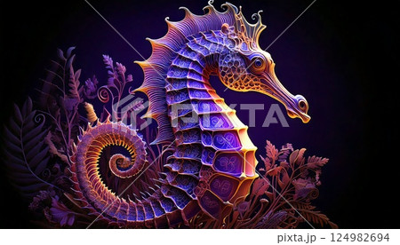 幻想的な輝きを放つタツノオトシゴ - 深海の神秘を表現したネオンカラーのデジタルアート 124982694