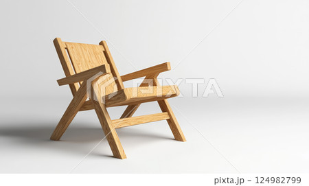 A realistic depiction of a simple wooden chair, placed against a plain white background. Generative AI 124982799