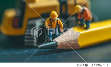 A vibrant, color-graded photo capturing a whimsical scene of tiny, smiling plasticine construction workers teaming up to lift an oversized yellow school pencil.  Generative AI 124982804