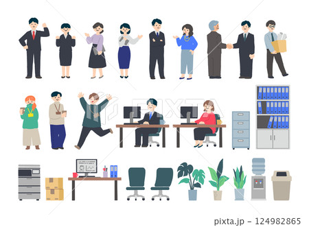 オフィスで働く会社員と備品のイラストセット 124982865