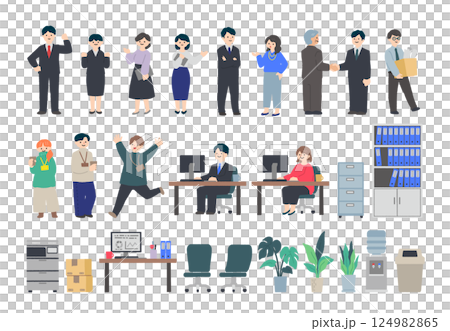 オフィスで働く会社員と備品のイラストセット 124982865