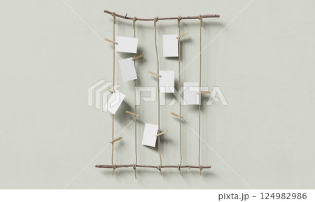 Blank Paper Hanging on Branch with Wooden Clip Mock up. 3D Rendering Blank Paper Hanging on Branch with Wooden Clip Mock up. 3D Rendering 124982986