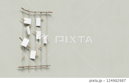 Blank Paper Hanging on Branch with Wooden Clip Mock up. 3D Rendering Blank Paper Hanging on Branch with Wooden Clip Mock up. 3D Rendering 124982987