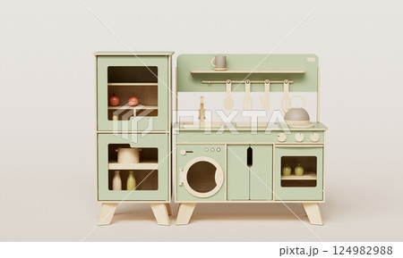 Green Wooden Toy Kitchen. 3D Rendering 124982988