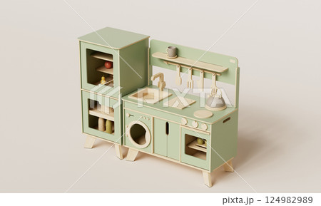 Green Wooden Toy Kitchen. 3D Rendering 124982989