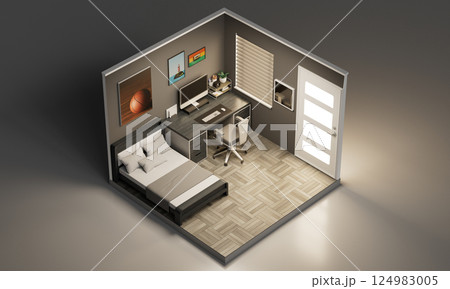 Isometric Simple Bed Room Interior. 3D Rendering Isometric Simple Bed Room Interior. 3D Rendering 124983005