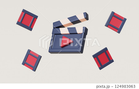 Movie Cinema Icon. Clapperboard and Film Reel. 3D Rendering. 124983063