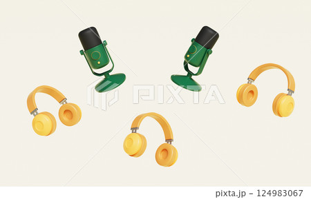 Podcast Microphone and Headphone for Audio Recording. 3D Rendering. Podcast Microphone and Headphone for Audio Recording. 3D Rendering. 124983067