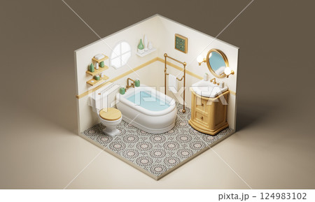 Isometric Cozy Bathroom with Bathtub. 3D Rendering. Isometric Cozy Bathroom with Bathtub. 3D Rendering. 124983102