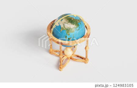 Vintage Wooden Earth Globe Model. 3D Rendering. 124983105