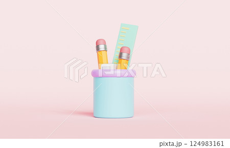 Stationary Set Icon. Pencil, Ruler and Eraser. 3D Rendering Stationary Set Icon. Pencil, Ruler and Eraser. 3D Rendering 124983161