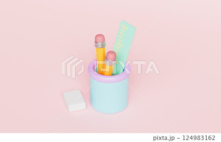 Stationary Set Icon. Pencil, Ruler and Eraser. 3D Rendering Stationary Set Icon. Pencil, Ruler and Eraser. 3D Rendering 124983162