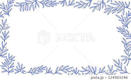 Branch rectangular border banner. Leaves and branches rectangular frame floral ornament. Line pattern background. Mediterranean blue outline stroke. Vector line. 124983246