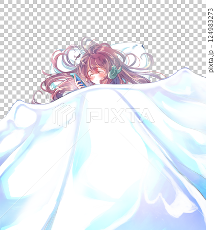 Girl lying down with headphones on, smartphone, eyes closed, futon 124983273