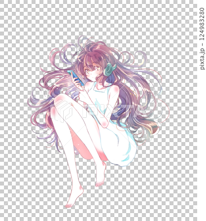 女孩戴著耳機躺著，拿著智慧型手機 124983280