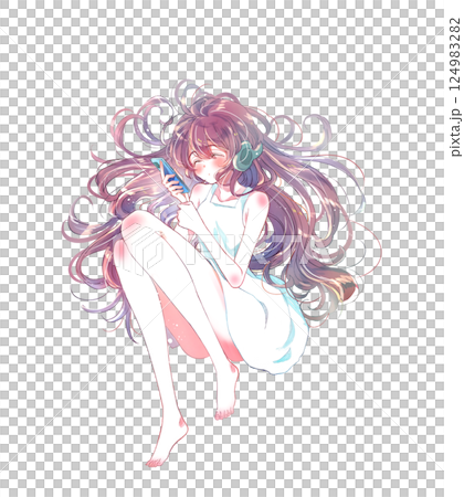 女孩躺著，戴著耳機，拿著智慧型手機，閉著眼睛 124983282