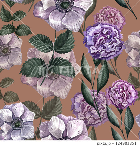 Watercolor seamless pattern with different wild flowers. Cute floral pattern perfect for textile design. Cute background for fabric, textile, wallpaper. Meadow with flowers. Watercolor seamless pattern with different wild flowers. Cute floral pattern perfect for textile design. Cute background for fabric, textile, wallpaper. Meadow with flowers. 124983851