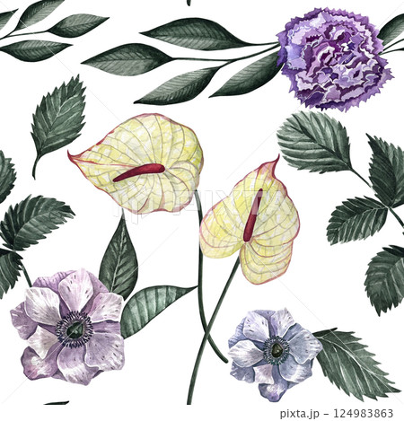 Watercolor seamless pattern with different wild flowers. Cute floral pattern perfect for textile design. Cute background for fabric, textile, wallpaper. Meadow with flowers. 124983863