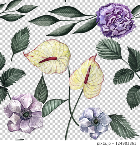 Watercolor seamless pattern with different wild flowers. Cute floral pattern perfect for textile design. Cute background for fabric, textile, wallpaper. Meadow with flowers. 124983863