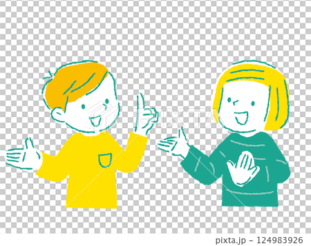 仲良く会話をする男女の子どものイラスト 手描きタッチ 仲良く会話をする男女の子どものイラスト 手描きタッチ 124983926