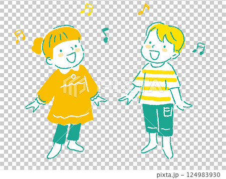 元気に楽しく歌を歌う男女の子どものイラスト　手描きタッチ 124983930