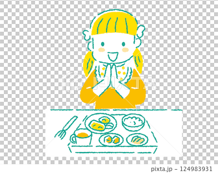 両手を合わせていただきますという女の子のイラスト　手描きタッチ 124983931