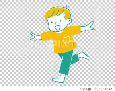 両手を上げて笑顔で走っている男の子のイラスト 手描きタッチ 両手を上げて笑顔で走っている男の子のイラスト 手描きタッチ 124983932