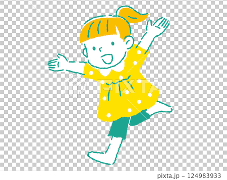 手繪插圖：一個女孩舉起雙手，微笑著奔跑 124983933