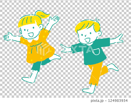 両手を上げて笑顔で走っている男女の子どものイラスト 手描きタッチ 両手を上げて笑顔で走っている男女の子どものイラスト 手描きタッチ 124983934